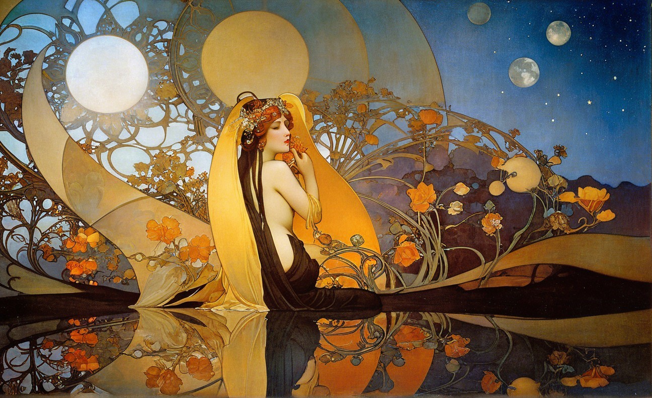 Serene Figure in Yellow Veil by Shimmering Pool