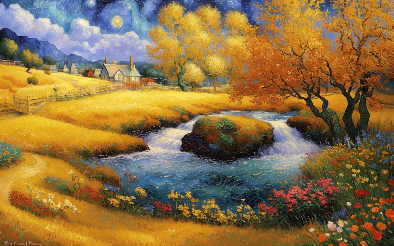 Scenic countryside painting with river, autumn trees, flowers, fields, cottages, starry sky