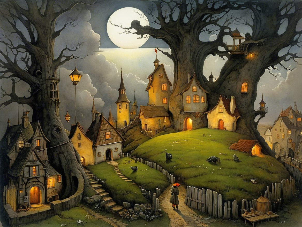 Whimsical village under moonlight with charming houses