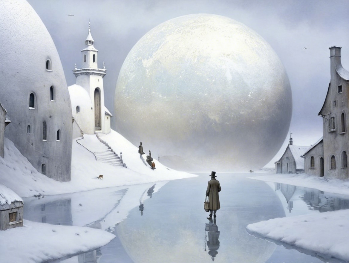 Surreal Winter Landscape with Ethereal Moon and River