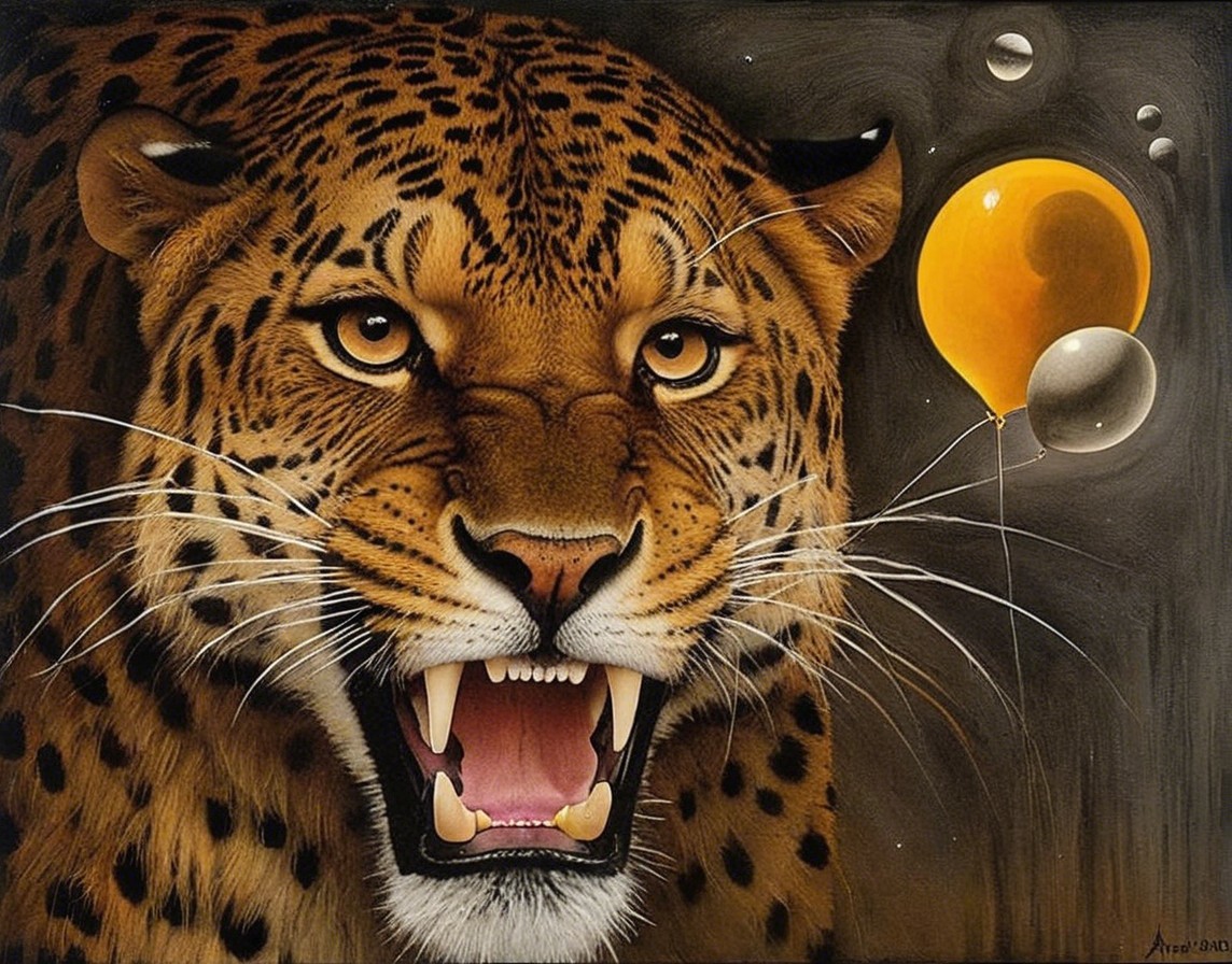 Realistic leopard with balloon and bubbles in dark scene