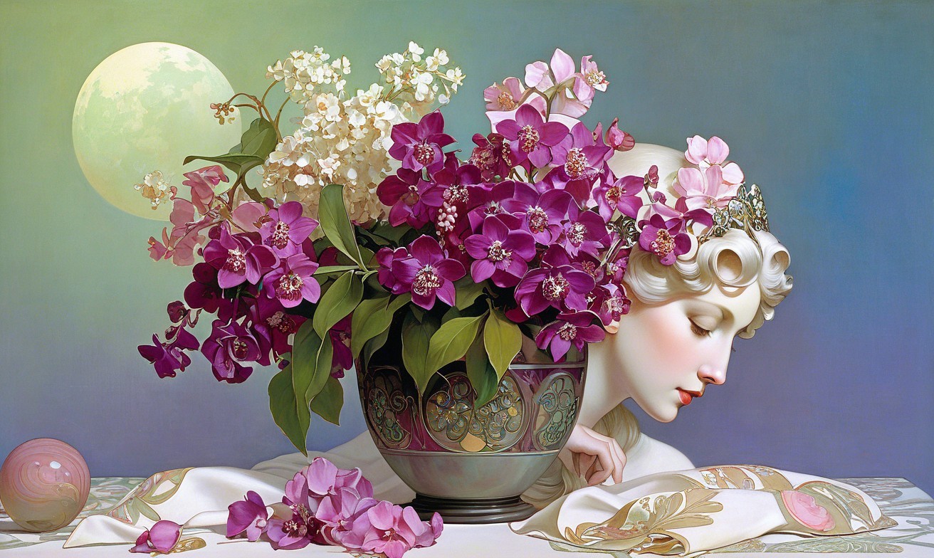 Ethereal Scene of Woman with Flowers and Moonlight