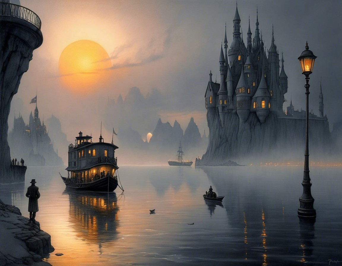 Twilight Scene of Castle and River at Sunset