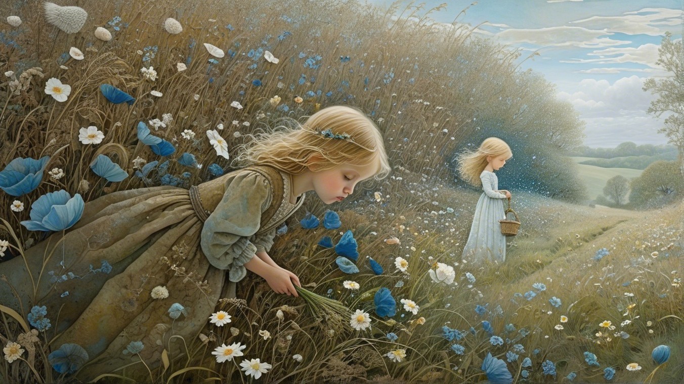 Young girls in a serene landscape picking flowers