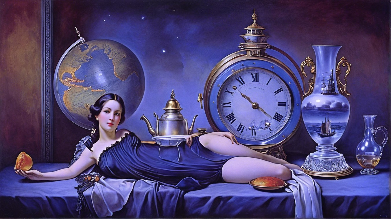 Serene Woman in Blue Dress with Symbolic Artifacts