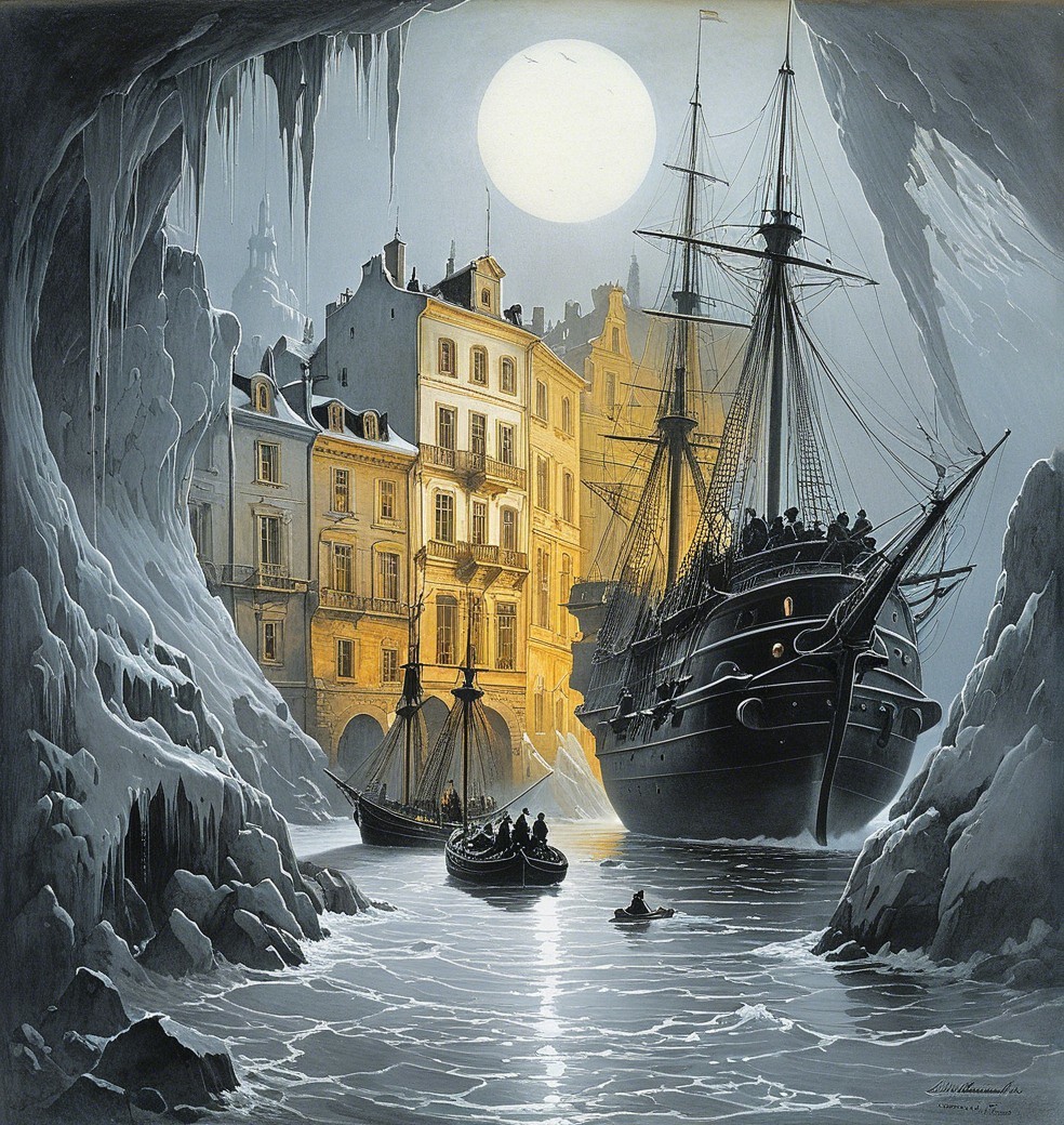 Serene Night Harbor Scene with Full Moon and Ships
