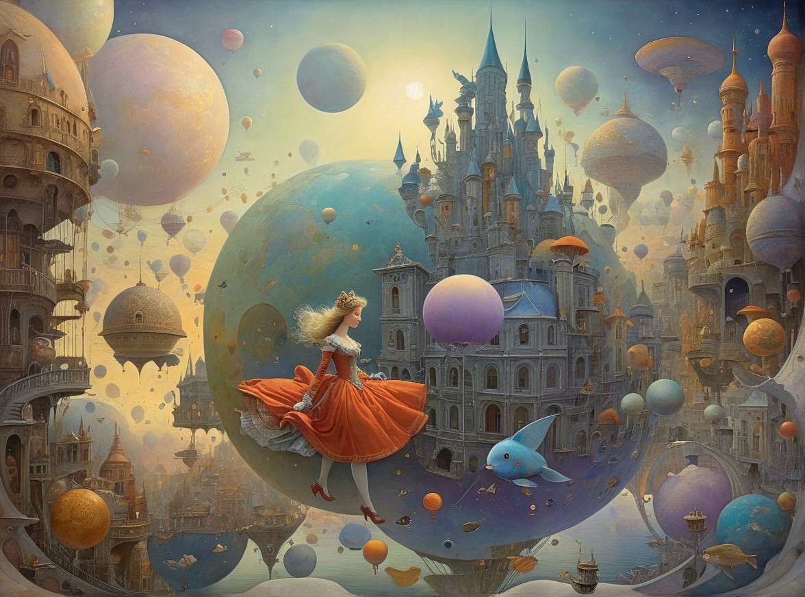 Whimsical Landscape with Girl and Ethereal Balloons