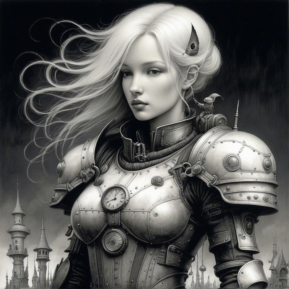 Futuristic Steampunk Female Figure in Metallic Armor
