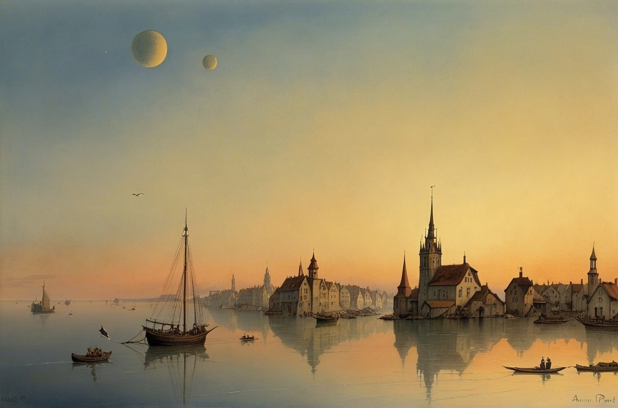 Tranquil Lakeside Town at Dusk with Celestial Bodies