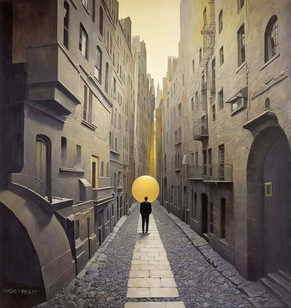 Solitary Figure on a Mysterious Cobblestone Street