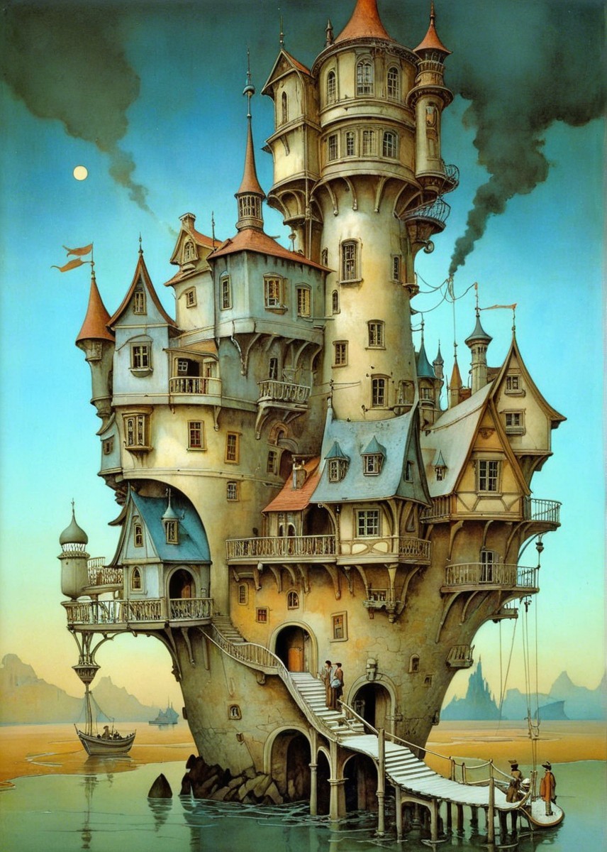 Whimsical Castle with Steep Roofs and Towers Above Water