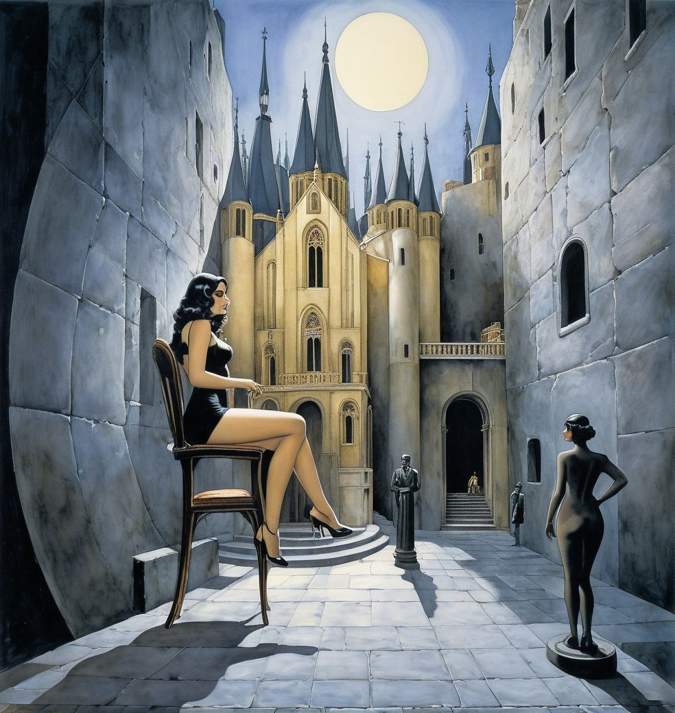 Surreal Urban Landscape with Gothic Architecture and Figure