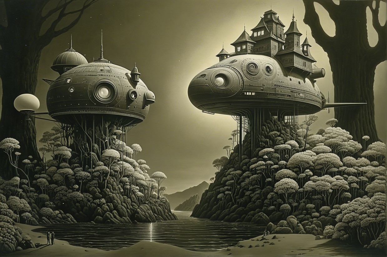 Floating Structures Above Lush Green Islands and Lake