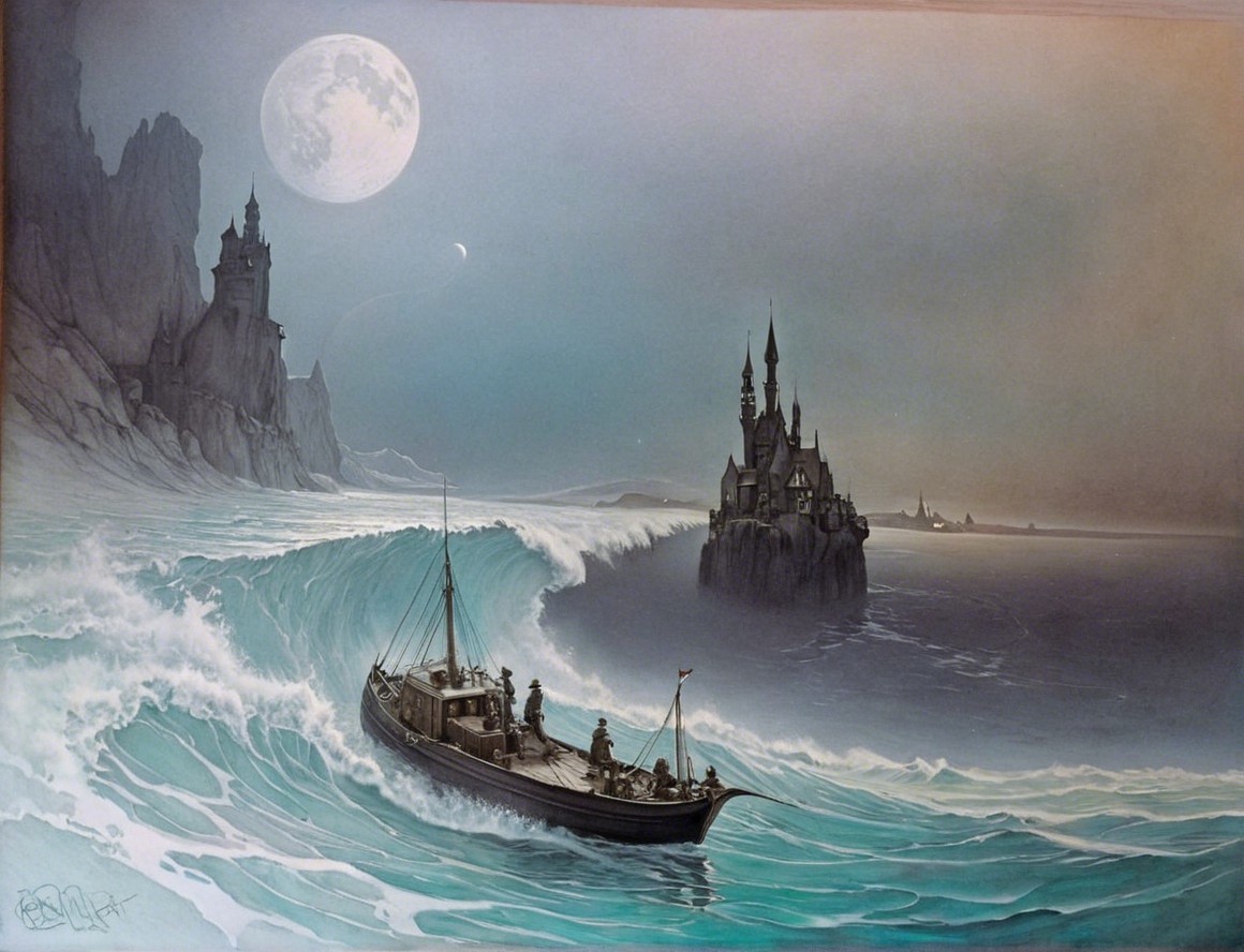 Dramatic Seascape with Boat and Moonlit Castle