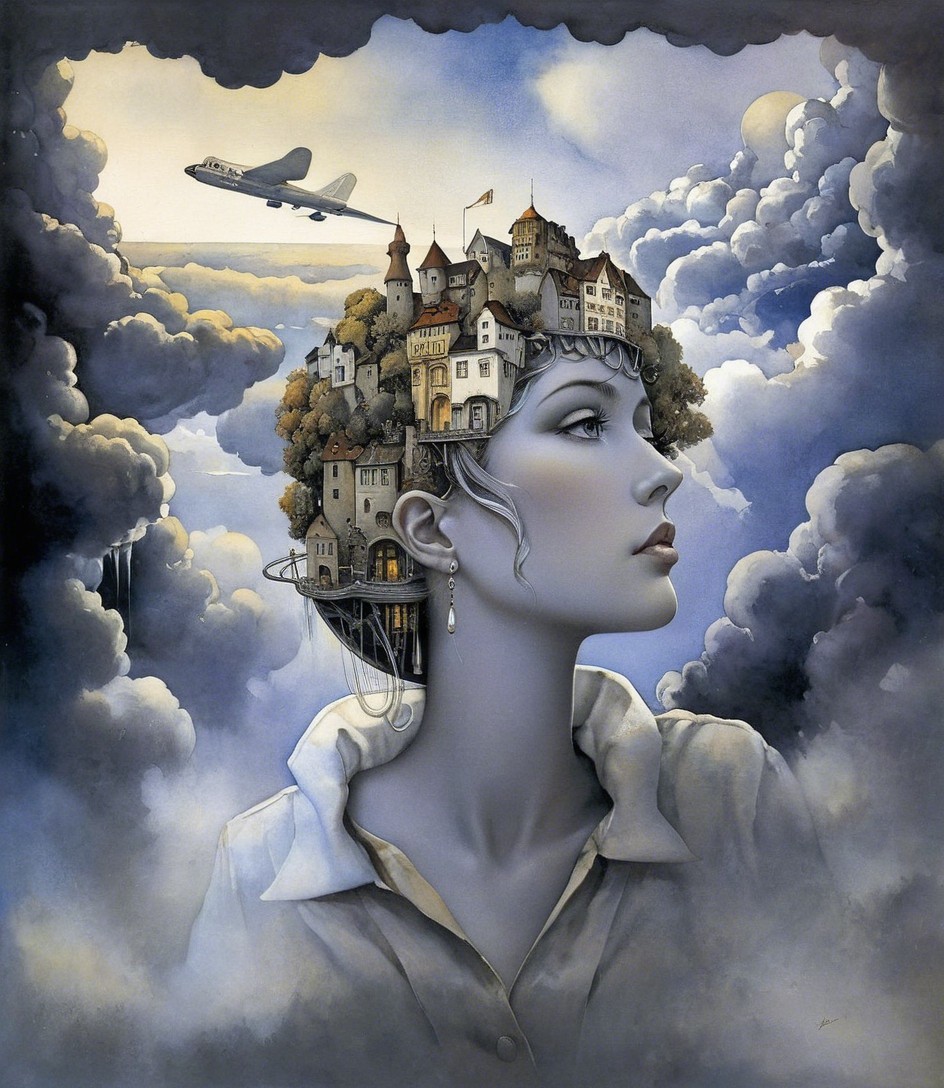 Surreal Portrait of Woman with Cityscape and Clouds