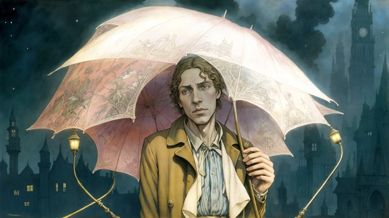 Young man under ornate umbrella with moody skyline