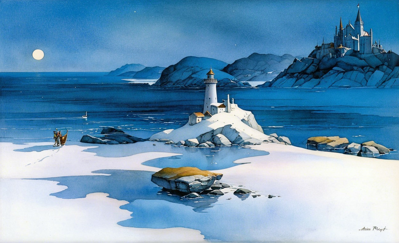Moonlit Landscape with Lighthouse and Castle Scene