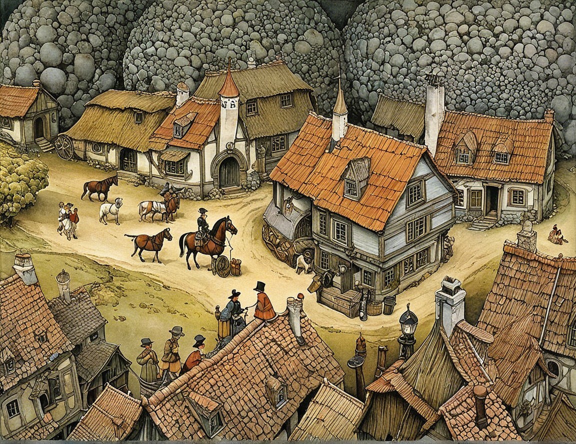 Medieval Village Scene with Rustic Houses and Horses