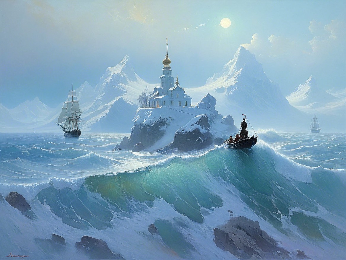 Icy Archipelago with Church and Tall Ships at Sea