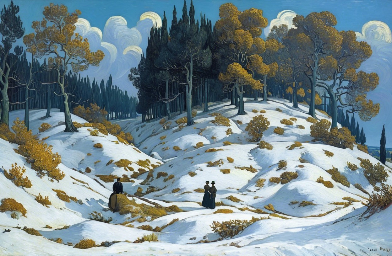 Serene Winter Landscape with Snowy Hills and Trees