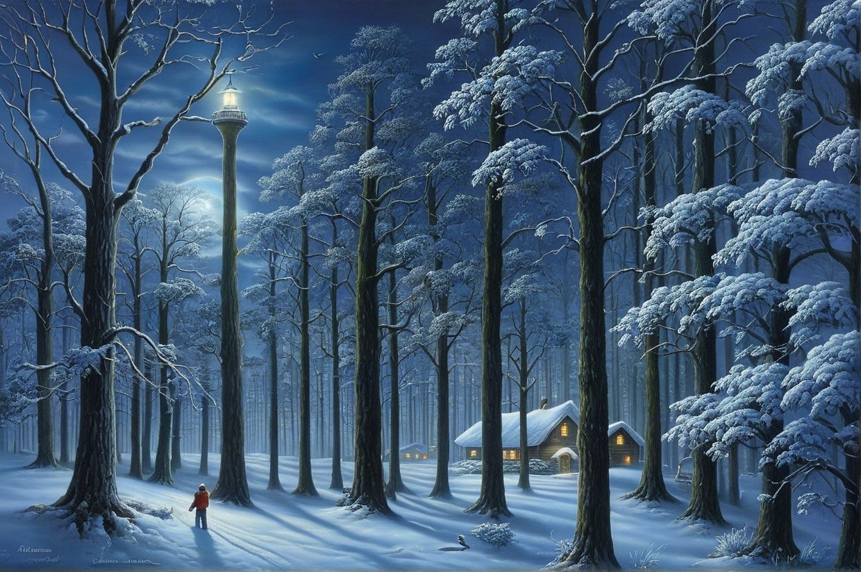 Tranquil Winter Scene with Snowy Forest and Cabin