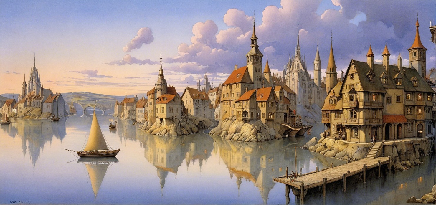 Serene Medieval Landscape with Sailboat and Buildings