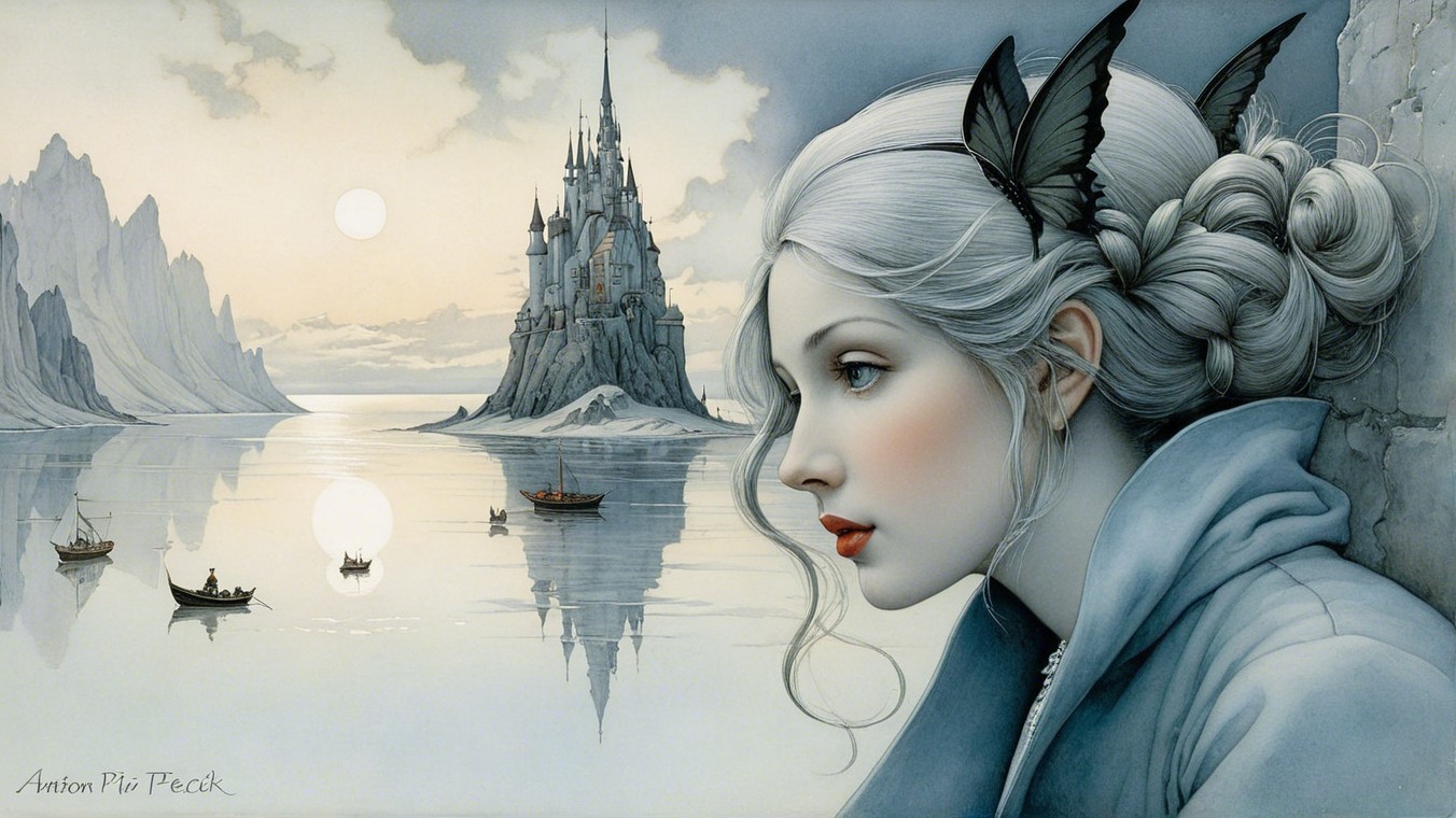Serene Young Woman Gazing at Distant Castle Island