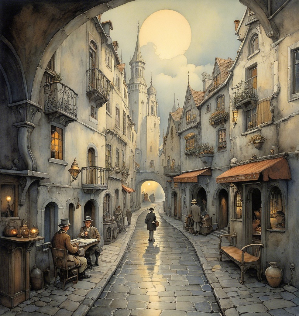 Narrow Cobblestone Street with Quaint Architecture and Moon