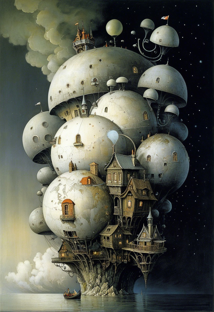 Surreal Landscape with Spherical Structures and Clouds