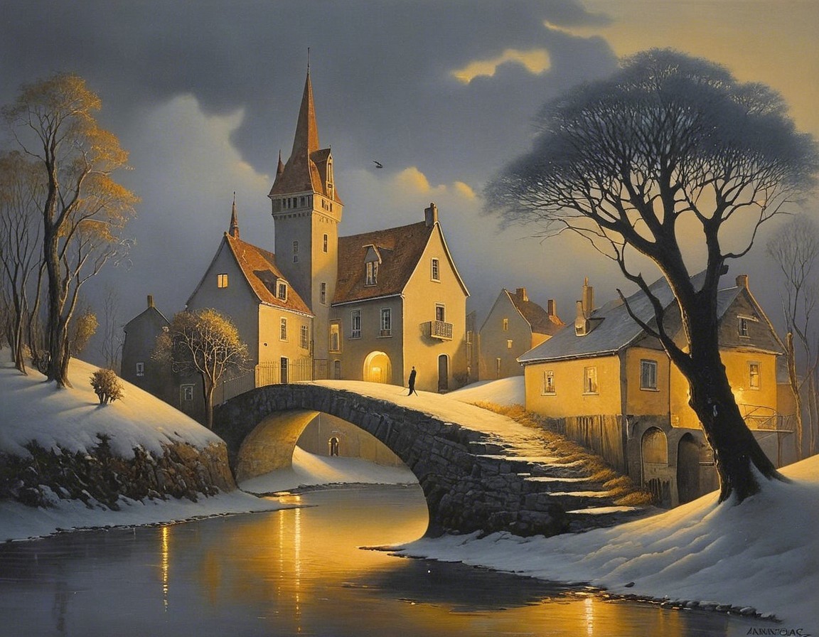 Serene Winter Landscape with Houses and Snowy Trees
