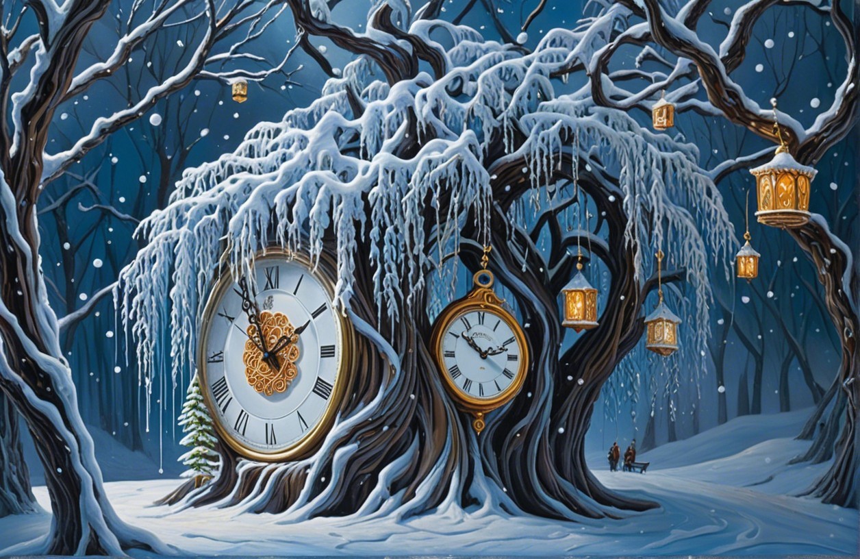 Winter Landscape with Snowy Tree and Lanterns