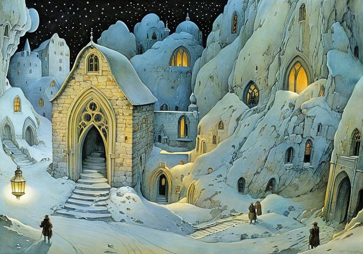 Serene Winter Landscape with Stone Church and Stars