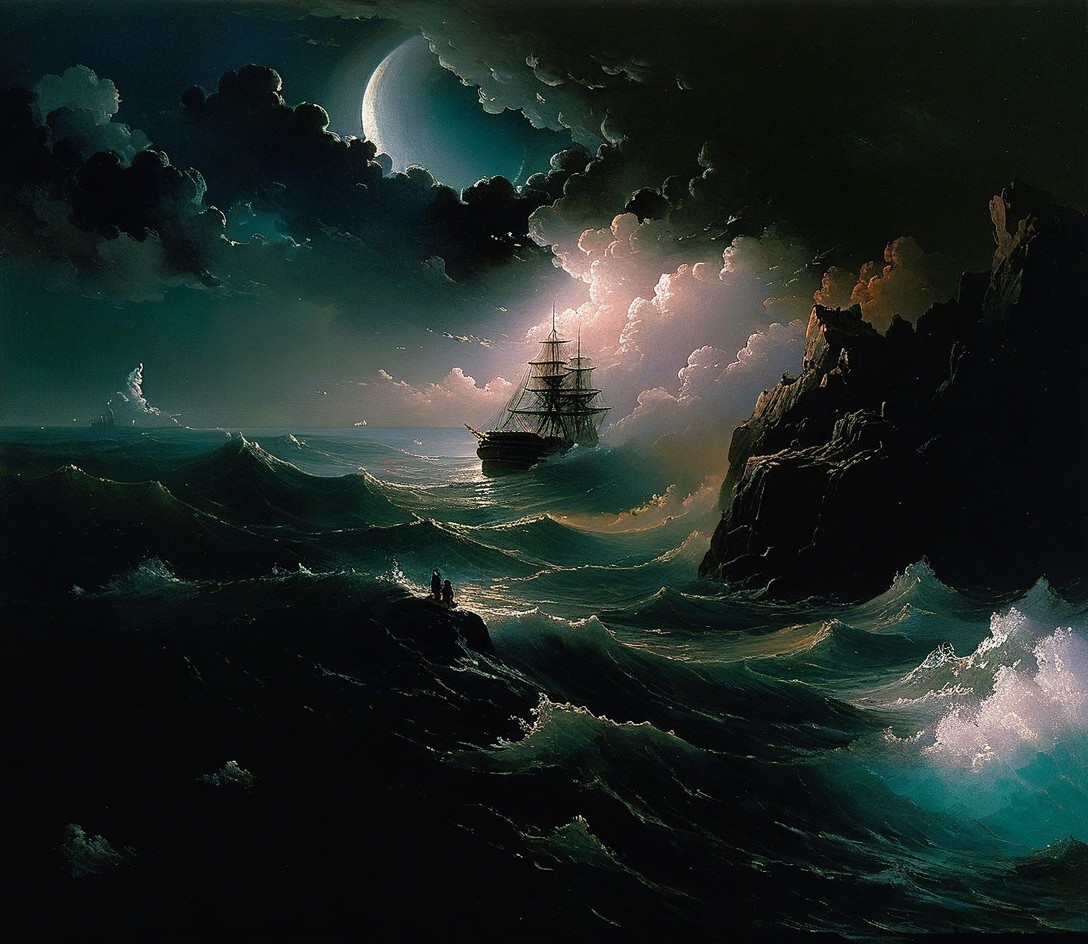 Dramatic Seascape with Tall Ship and Moonlit Sky