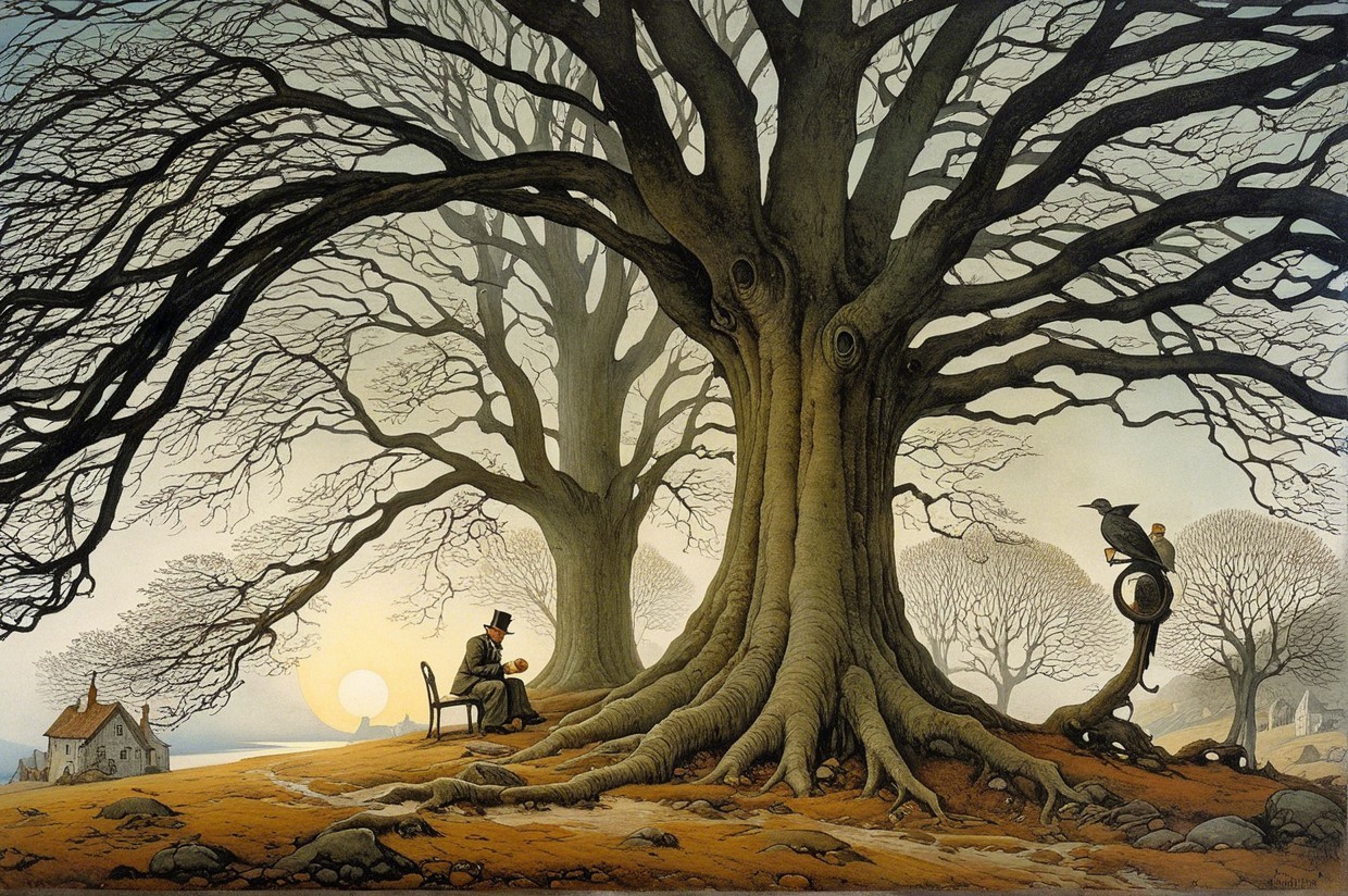 Tranquil Landscape with Tree, Sunset, and Reading Figure