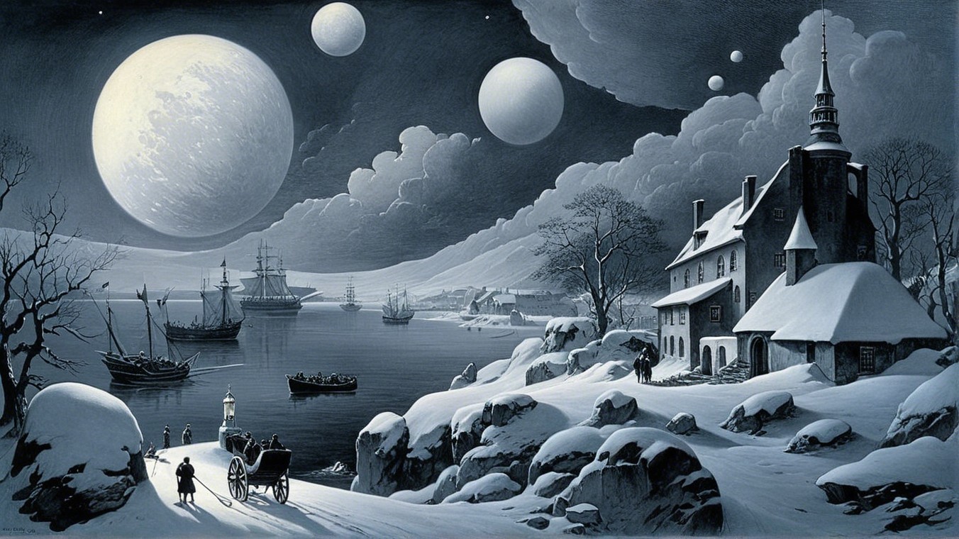 Wintry Village Landscape with Mountains and Night Sky