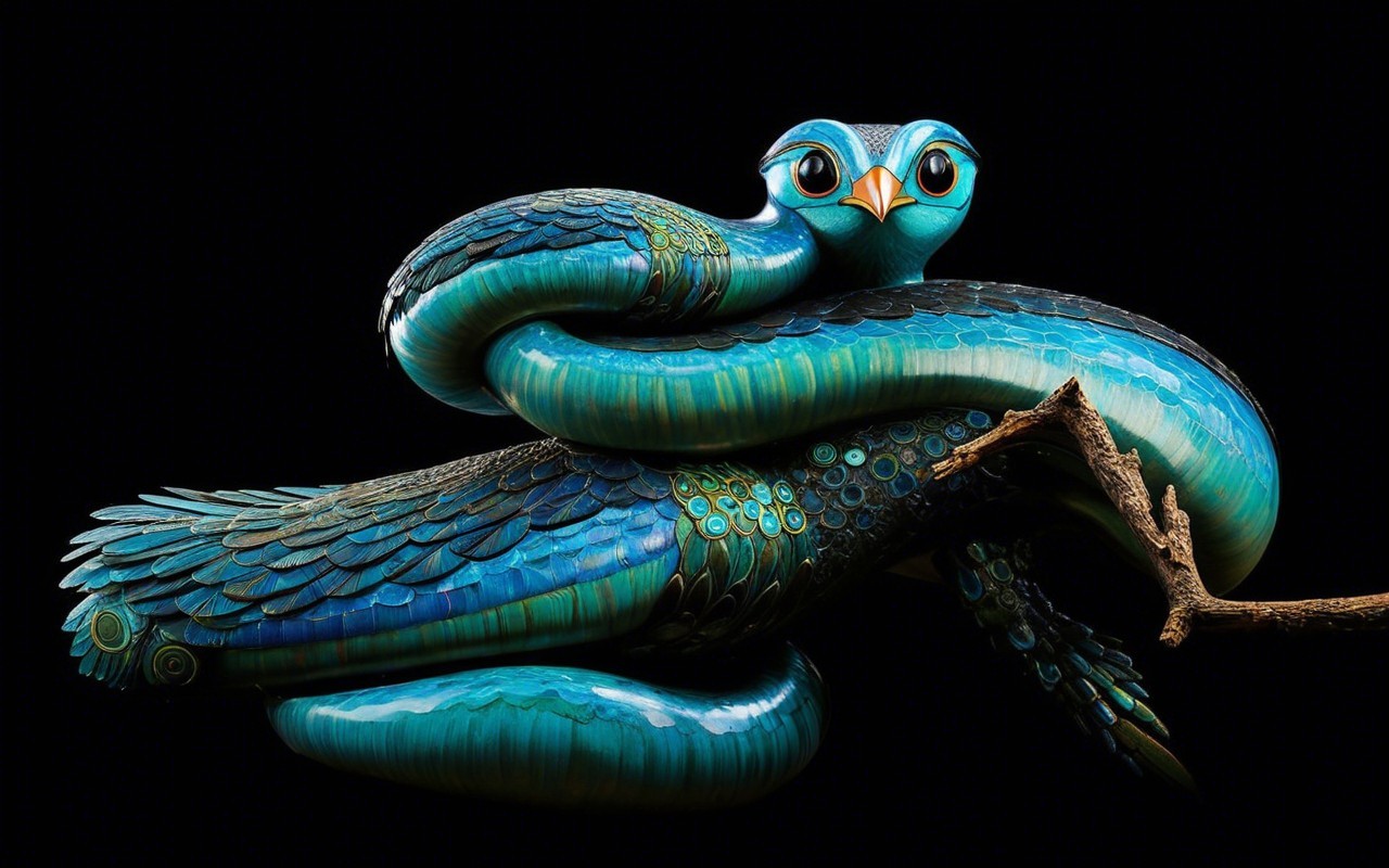 Blue and Green Owl Sculpture with Serpent Body