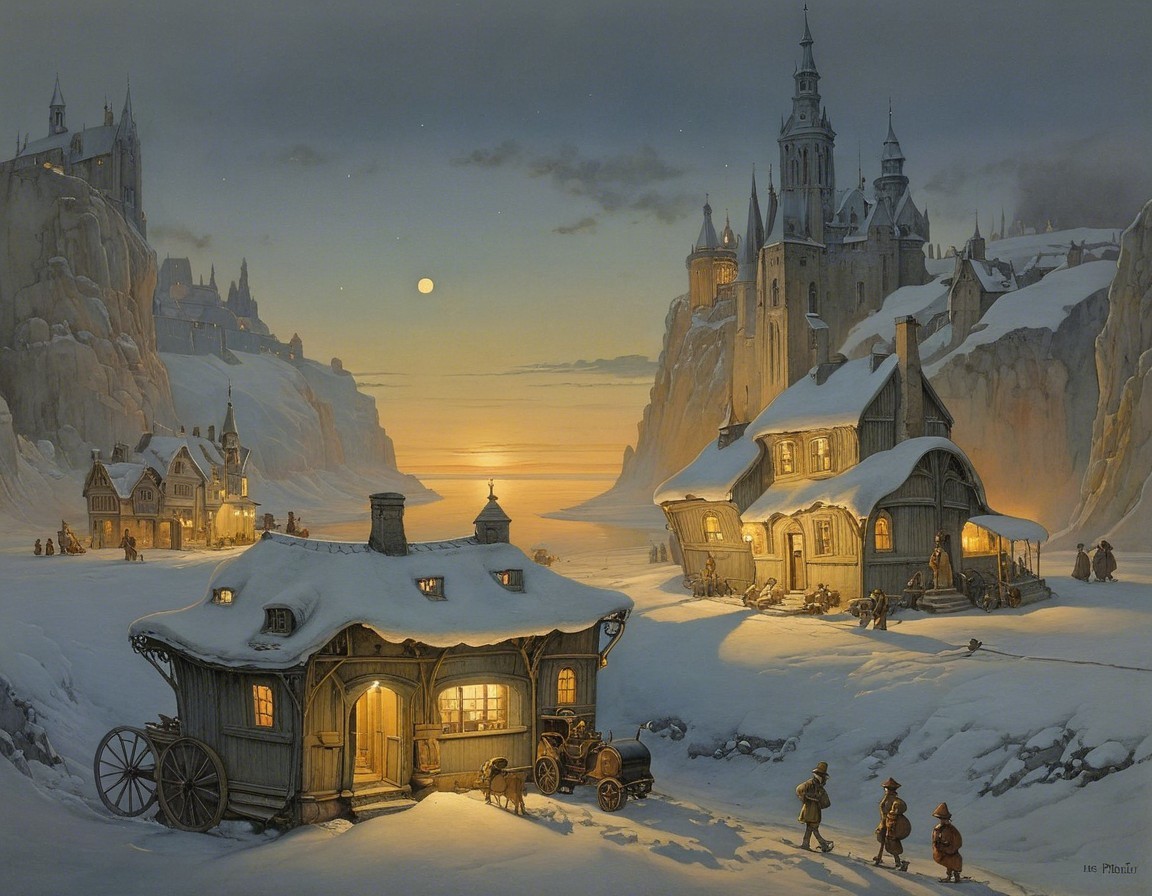 Serene Winter Scene with Cottages and Snowy Landscape