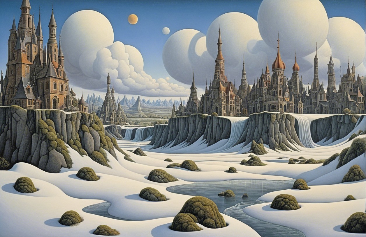 Surreal landscape with castles and snowy terrain
