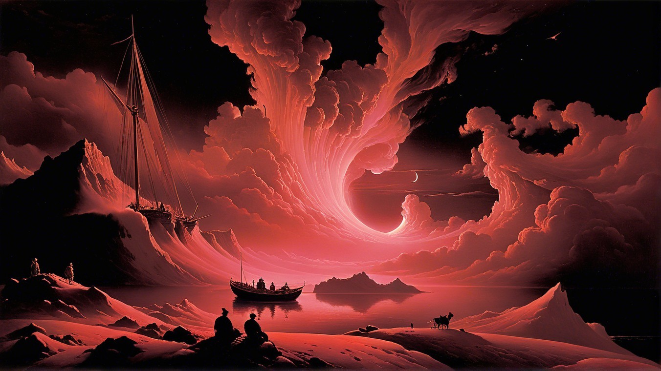 Surreal Twilight Landscape with Sailboat and Goat