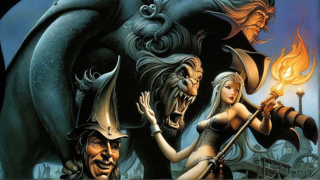 Dramatic Fantasy Scene with Warrior and Lion-like Beast
