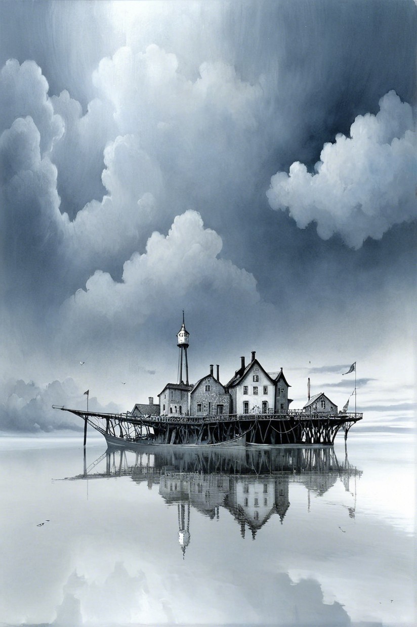 Monochromatic Scene of Wooden Structure on Stilts