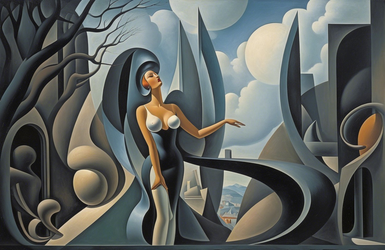 Stylized Modernist Woman in Abstract Landscape