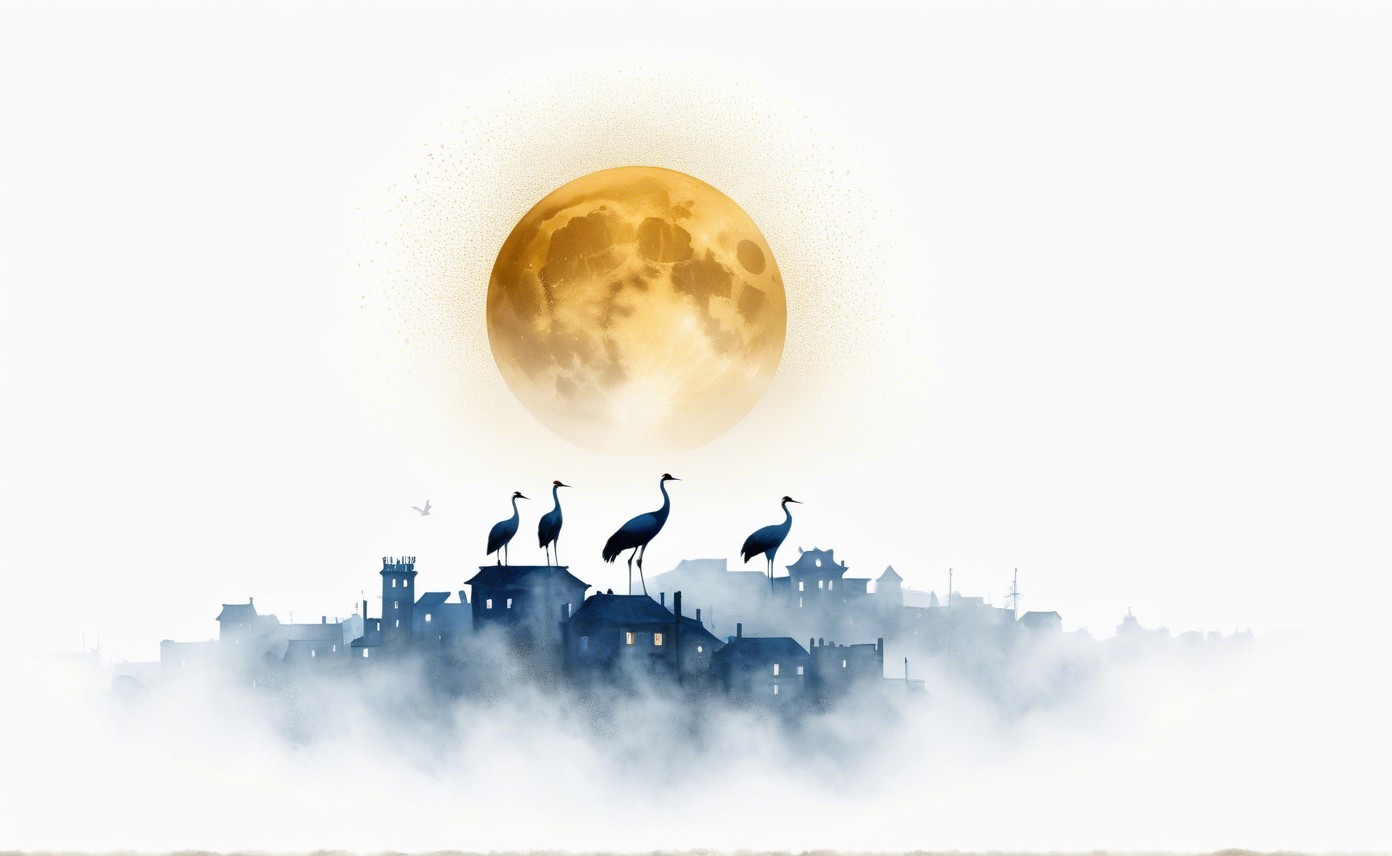 Serene Town Landscape with Moon and Cranes