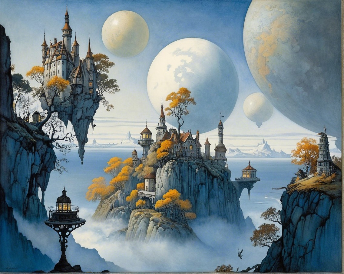Fantastical Landscape with Castles and Celestial Bodies