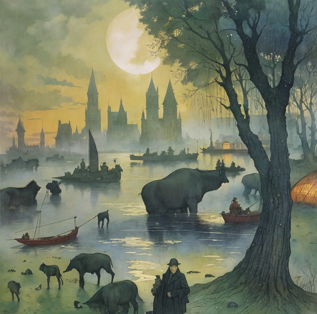Twilight River Scene with Silhouettes and Moonlit Towers