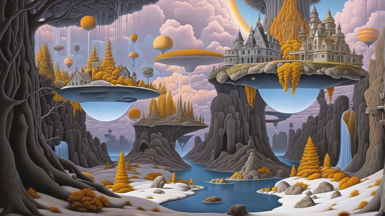 Surreal Landscape with Floating Islands and Autumn Trees