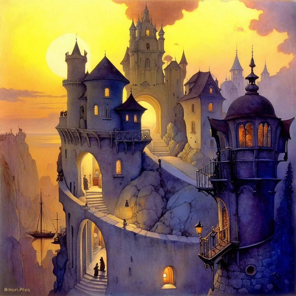Whimsical Landscape with Enchanting Castle at Sunset