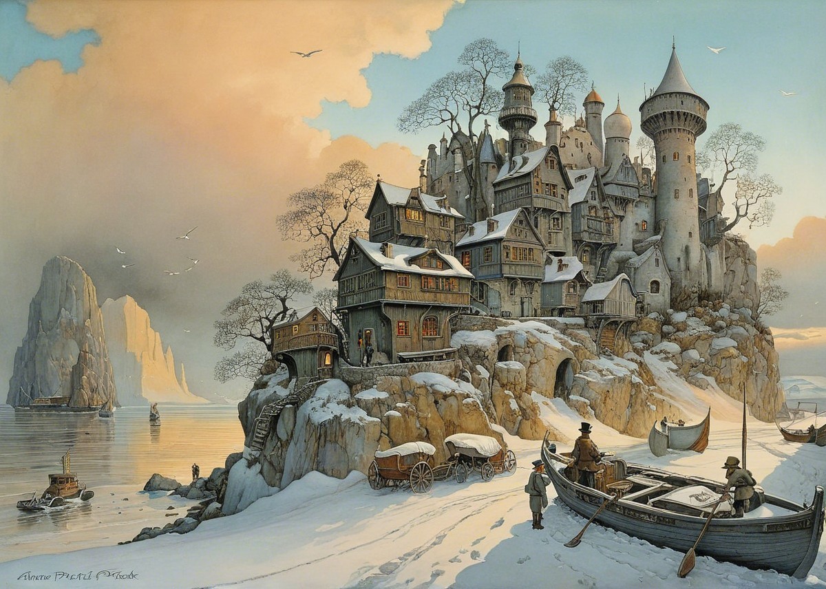 Winter Village Scene with Snowy Landscape and Water