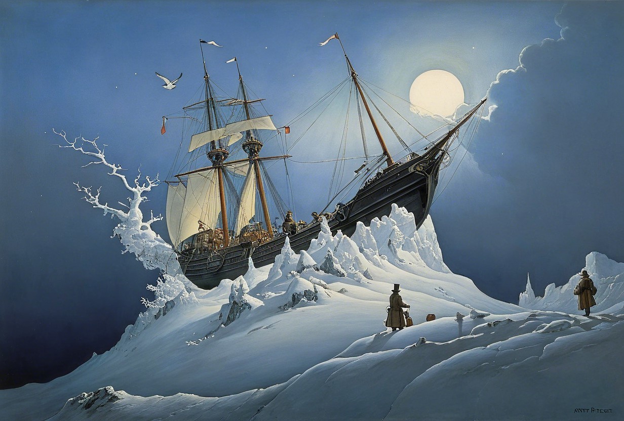 Majestic Ship in Icy Waters Under Full Moonlight