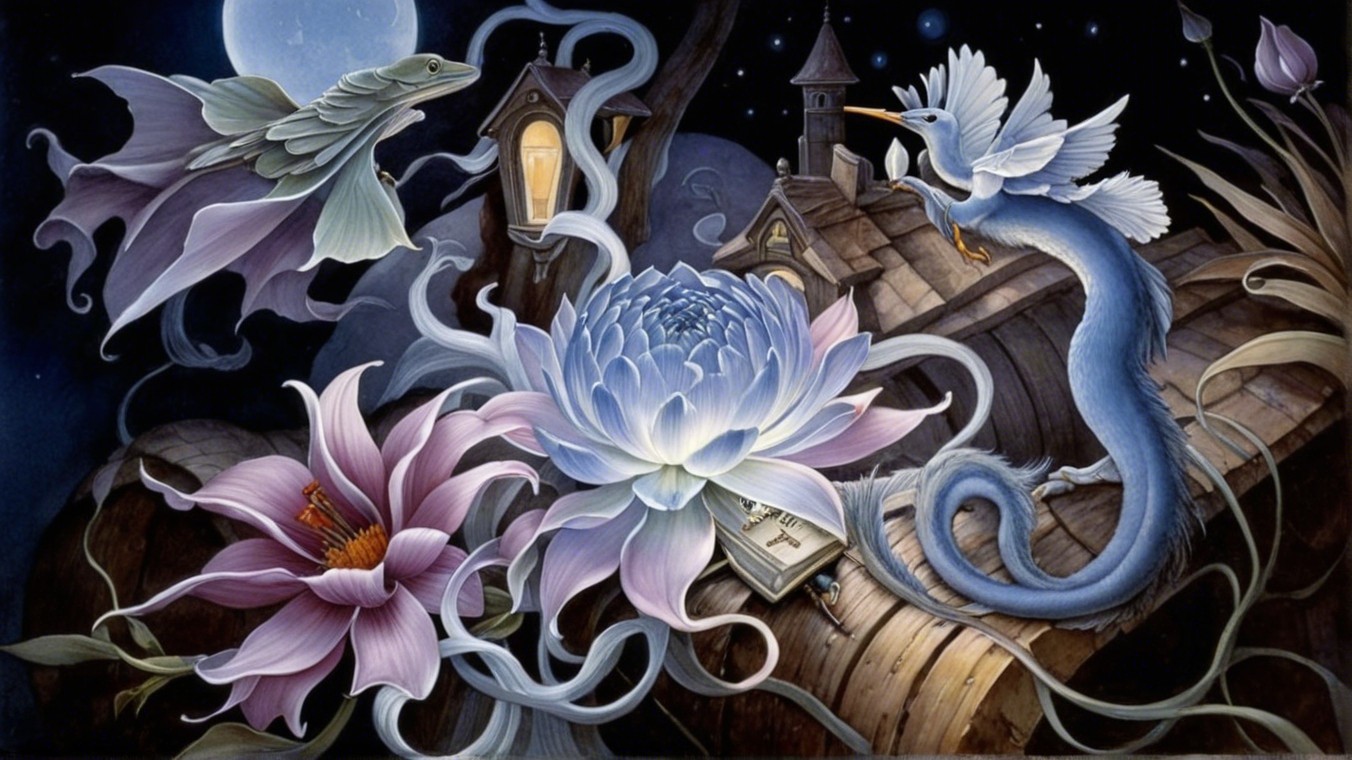 Whimsical Night Scene with Flowers and Mystical Creatures
